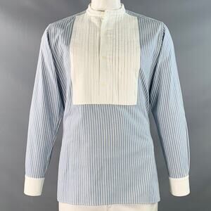 NEEDLES Size L Blue White Stripe Cotton Pleated Bib Collarless Long Sleeve Shirt